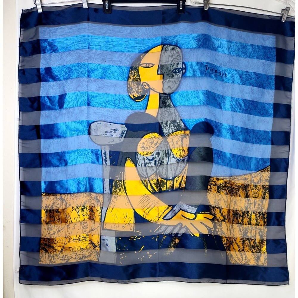 Vtg PABLO PICASSO Silk Scarf - Abstract Art - Seated Lady - Blue Black 40"x39"